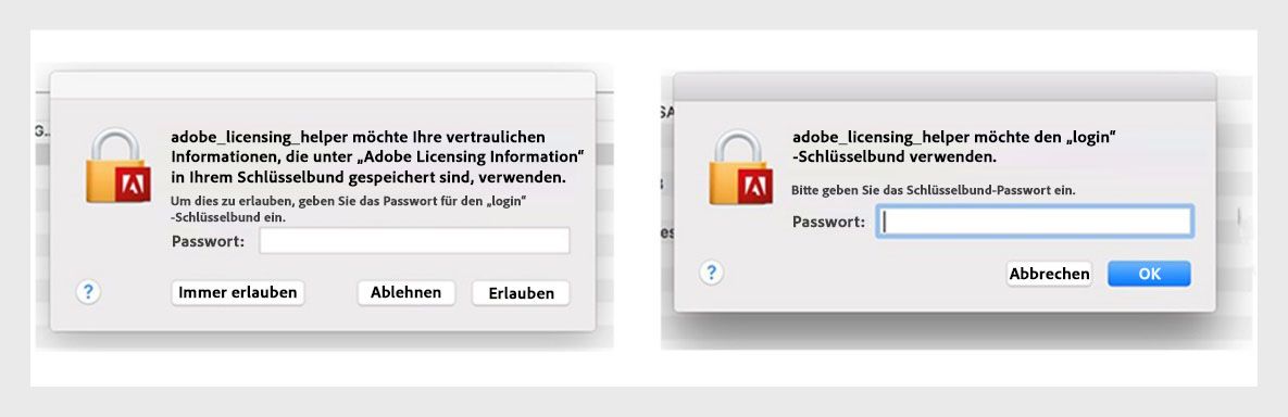 Adobe-Anwendungen zeigen einen Lizenzierungshelfer-Dialog an, der Benutzer auffordert, ihr Kennwort einzugeben.