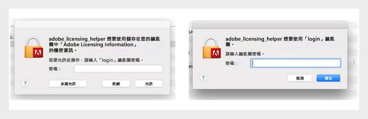 Adobe 應用程式會顯示授權輔助對話框，提示使用者輸入密碼。