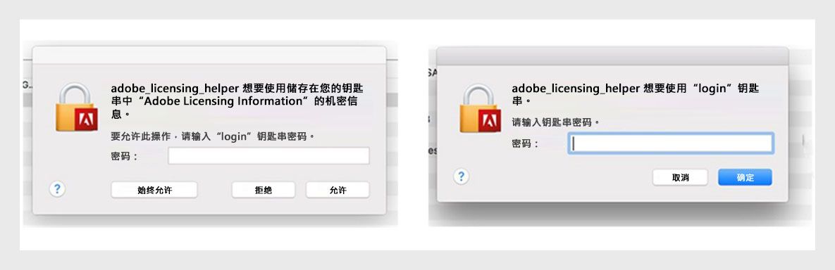 Adobe 应用程序显示一个授予许可助手对话框，提示用户输入密码。