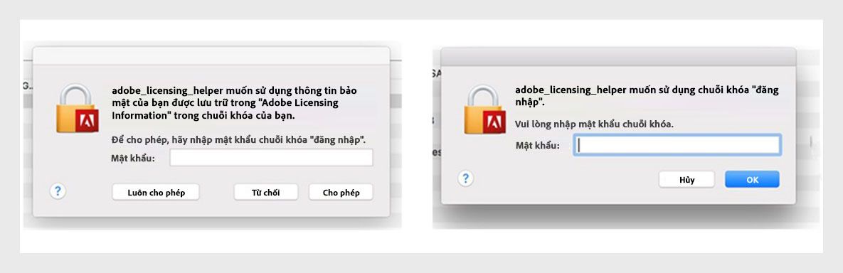 Các ứng dụng Adobe hiển thị hộp thoại trợ lý cấp phép yêu cầu người dùng nhập mật khẩu.