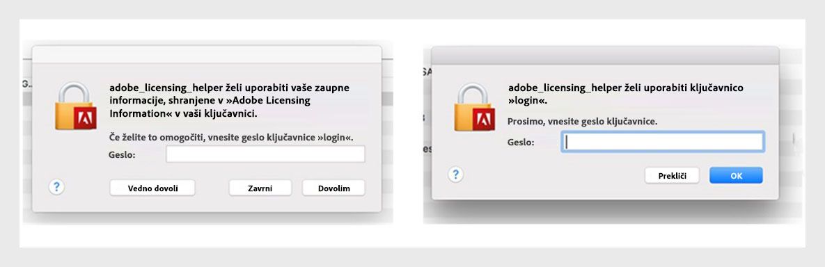 Programi Adobe prikažejo pogovorno okno pomočnika za licenciranje, ki uporabnika pozove k vnosu gesla.