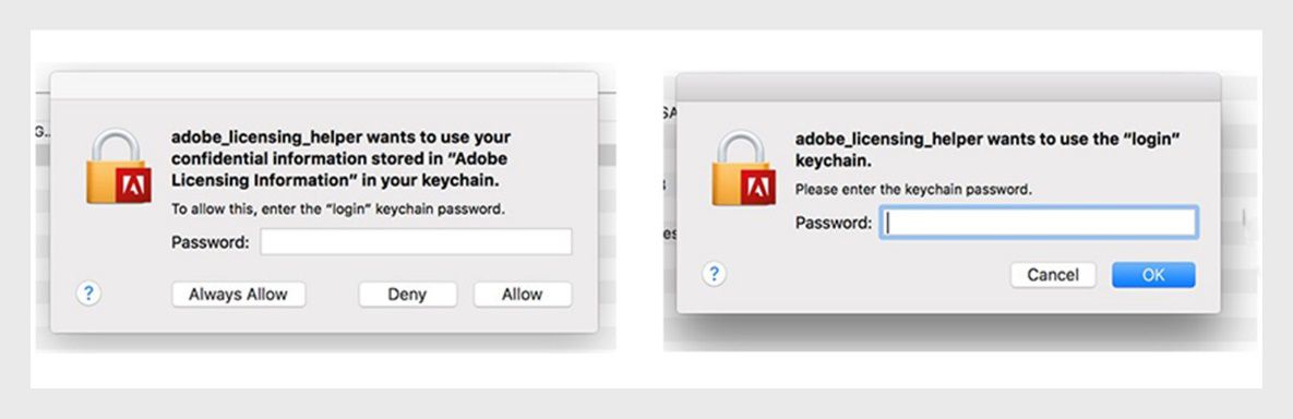 „Adobe“ programos rodo licencijavimo pagalbininko dialogo langą, raginantį naudotoją įvesti slaptažodį.