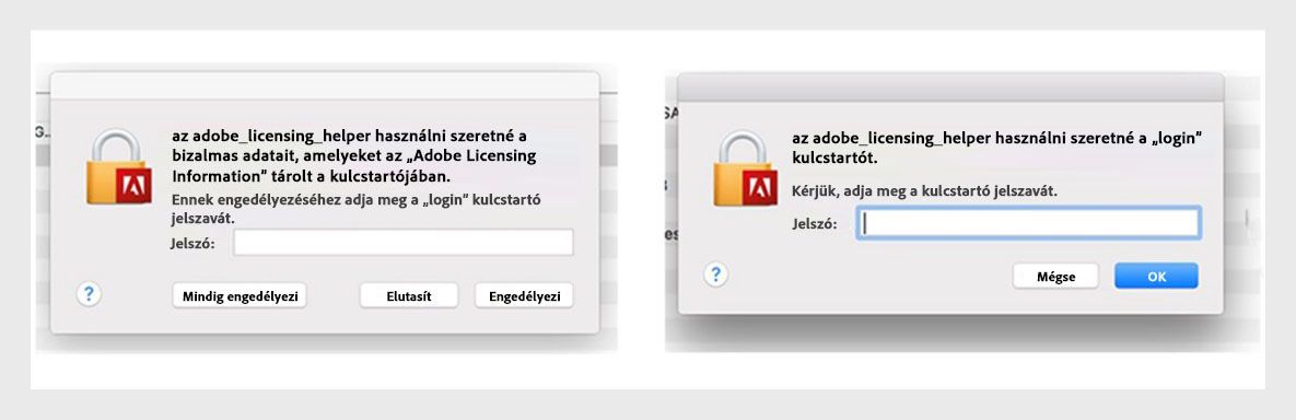 Az Adobe alkalmazások egy licencelési segéd párbeszédpanelt jelenítenek meg, amely kéri a felhasználót a jelszava megadására.