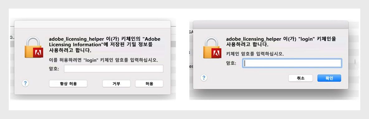 Adobe 앱이 사용자에게 암호 입력을 요청하는 라이선스 도우미 대화 상자를 표시합니다.