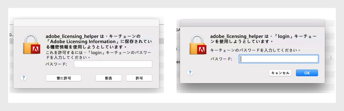 アドビのアプリケーションがライセンスヘルパーダイアログボックスを表示し、パスワードの入力を求めます。