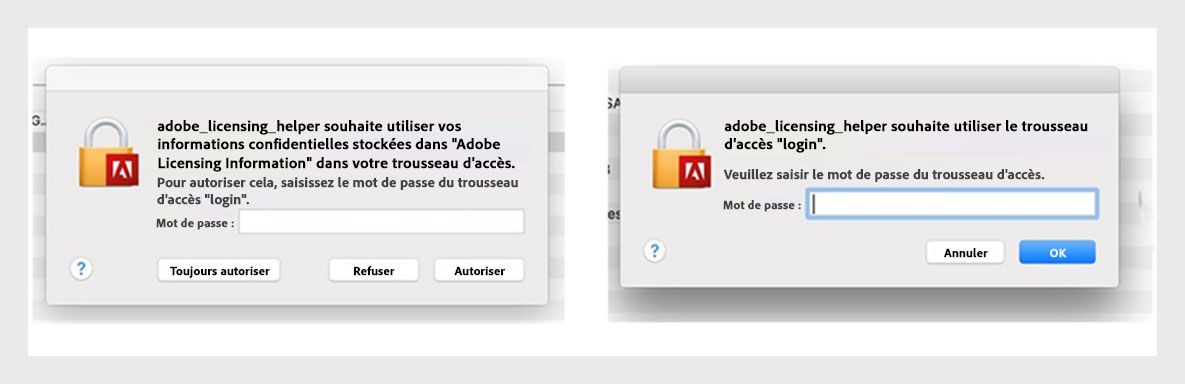 Les applications Adobe affichent une boîte de dialogue d'assistant d'attribution de licence qui invite l'utilisateur ou l’utilisatrice à saisir son mot de passe.