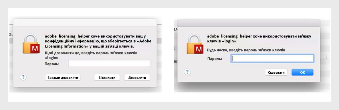Програми Adobe відображають діалогове вікно помічника ліцензування, яке пропонує користувачам ввести свій пароль.