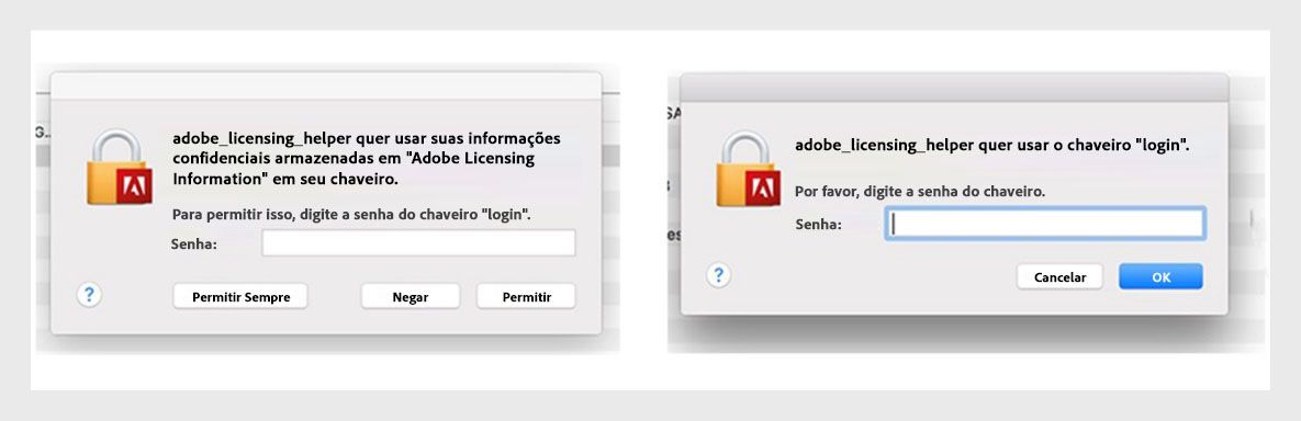 Os aplicativos da Adobe exibem uma caixa de diálogo do assistente de licenciamento que solicita aos usuários que insiram sua senha.