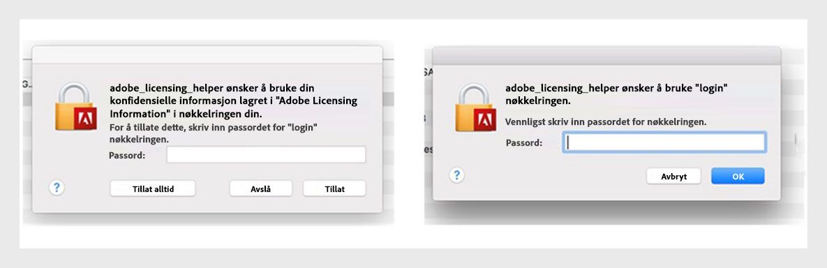 Adobe-apper viser en hjelpedialogboks for lisensiering som ber brukeren om å oppgi passordet sitt.
