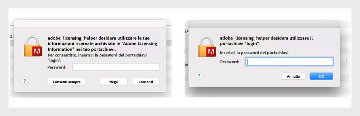 Le applicazioni Adobe mostrano una finestra di dialogo dell’assistente per la concessione di licenza che richiede agli utenti di inserire la password.