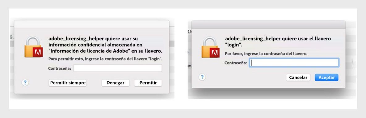 Las aplicaciones de Adobe muestran un cuadro de diálogo del asistente de licencias que solicita al usuario que introduzca su contraseña.
