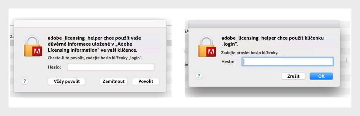 Aplikace Adobe zobrazují dialogové okno pomocníka pro licencování, které vyzývá uživatele k zadání hesla.