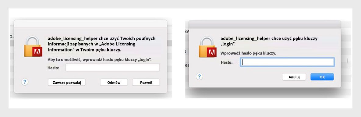 Aplikacje Adobe wyświetlają okno dialogowe pomocnika licencjonowania, które prosi użytkownika o wprowadzenie hasła.