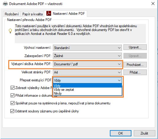 Nastavte předvolbu v dialogovém okně nastavení tisku Adobe PDF