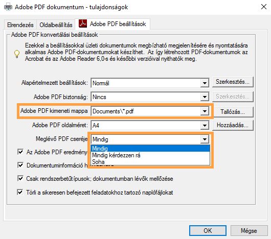 A beállítások megadása az Adobe PDF nyomtatási beállítások párbeszédablakban