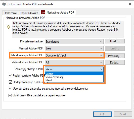 Sprememba nastavitev v pogovornem oknu za nastavitve tiskanja Adobe PDF
