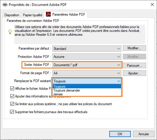 Définition des préférences dans la boîte de dialogue des paramètres d’impression Adobe PDF