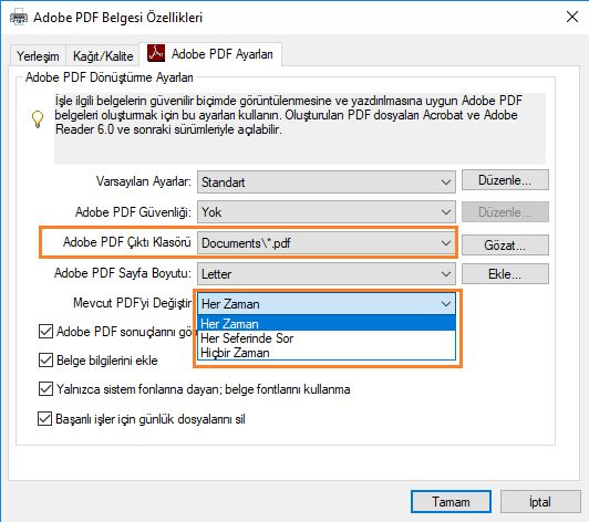 Adobe PDF yazdırma ayarları iletişim kutusunda tercihi ayarlayın