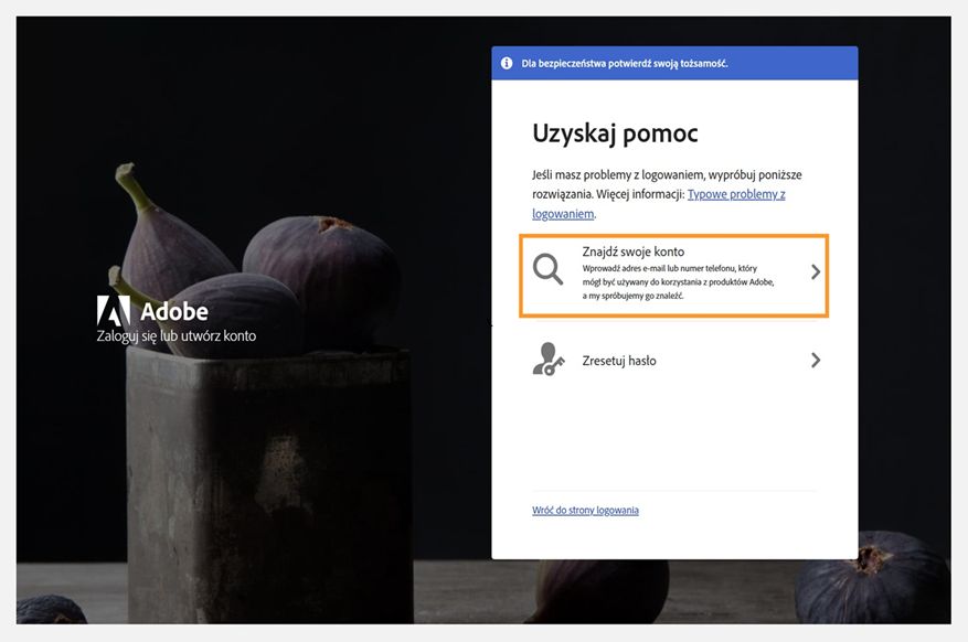 Ekran pomocy logowania Adobe pokazujący panel Uzyskaj pomoc z zaznaczoną opcją Znajdź konto i opcją Zresetuj hasło poniżej.