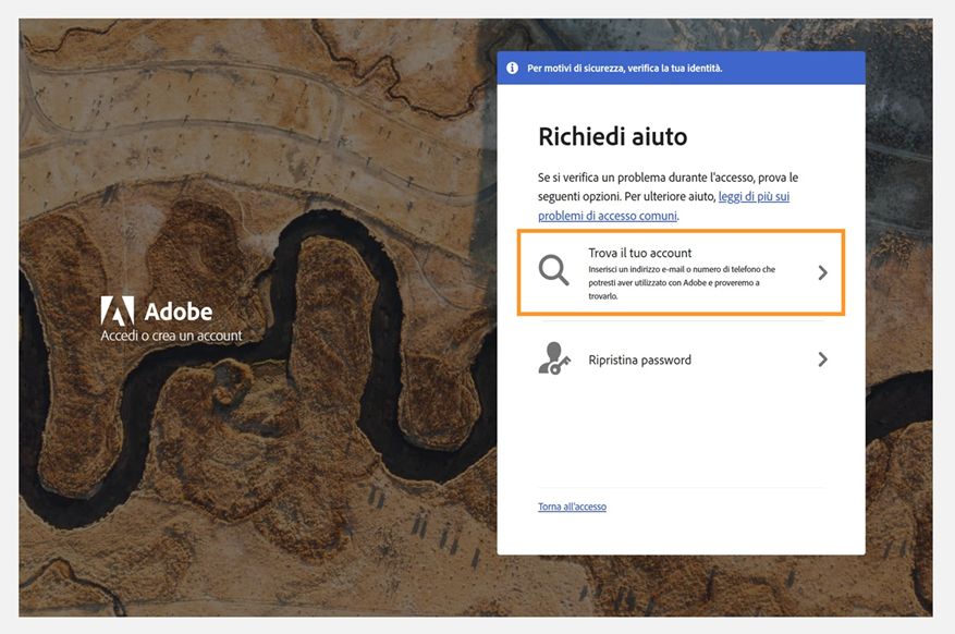 Schermata di aiuto per l'accesso Adobe che mostra il pannello Ottieni aiuto con l'opzione Trova il tuo account evidenziata e Reimposta la password elencata in basso.