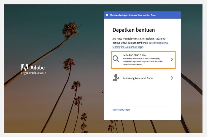 Layar bantuan login Adobe menampilkan panel Dapatkan bantuan dengan opsi Temukan akun Anda disorot dan Reset kata sandi Anda yang tercantum di bawah ini.