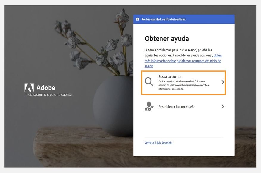 Pantalla de ayuda de inicio de sesión de Adobe que muestra el panel de ayuda con la opción Buscar su cuenta resaltada y la opción Restablecer contraseña que se muestran a continuación.