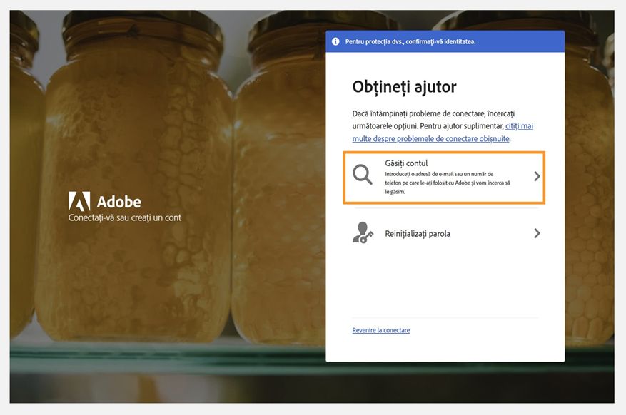 Ecranul de ajutor pentru conectare Adobe care afișează panoul Obțineți ajutor cu opțiunea Găsiți-vă contul evidențiată și Resetați-vă parola afișată mai jos.