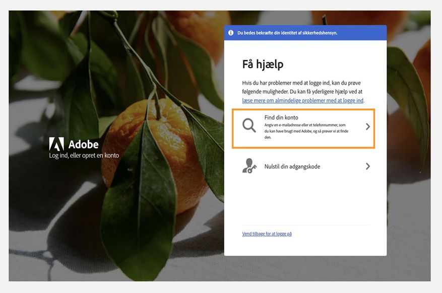 Adobe login-hjælpeskærm, der viser panelet Få hjælp med indstillingen Find din konto fremhævet og Nulstil din adgangskode anført nedenfor.