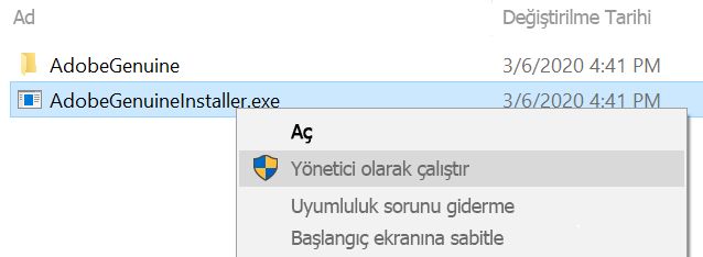 AdobeGenuineInstaller'ı yeniden yükleyin