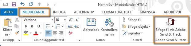 Knappen Bifoga fil via Adobe Send & Track