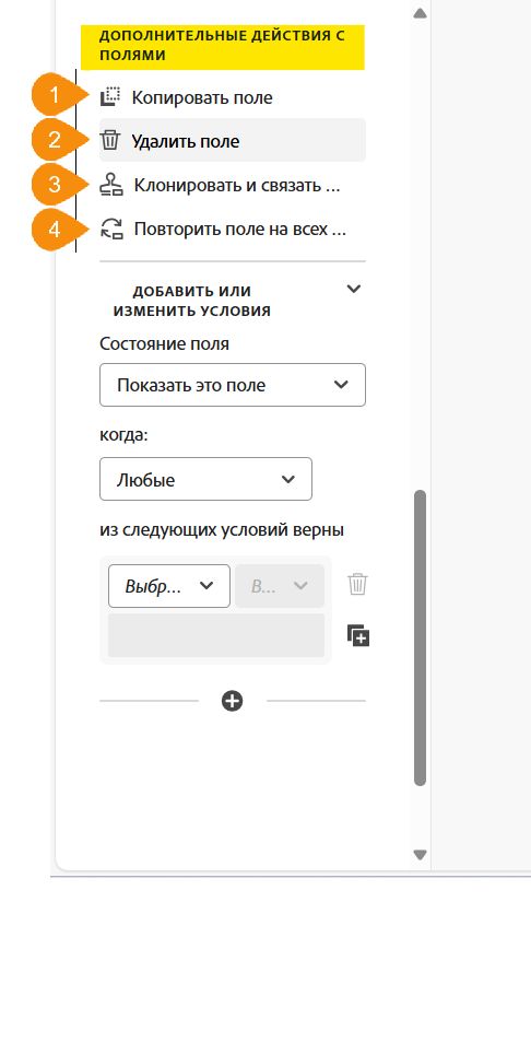 Раздел «Дополнительные действия с полями» в свойствах поля.