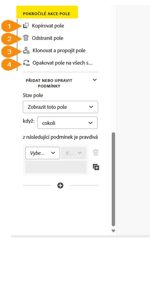 Sekce Pokročilé akce pole ve vlastnostech pole.