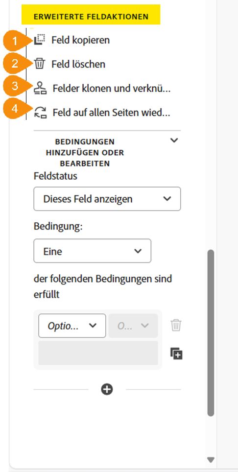 Der Abschnitt „Erweiterte Feldaktionen“ der Feldeigenschaften.