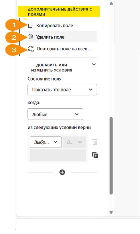 Раздел «Дополнительные действия с полями» в свойствах поля.