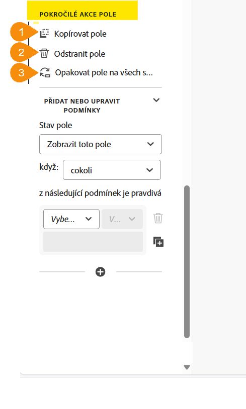 Sekce Pokročilé akce pole ve vlastnostech pole.
