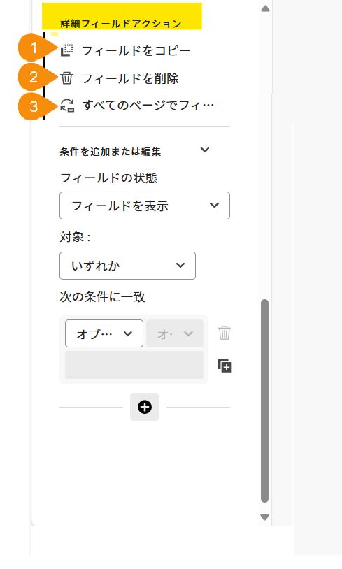 フィールドのプロパティの「詳細フィールドアクション」セクション。