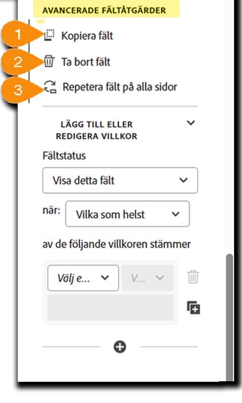 Avsnittet Avancerade fältåtgärder i fältegenskaperna.