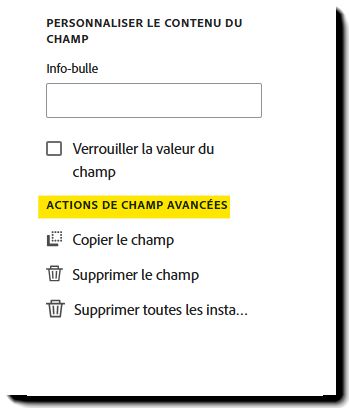 Section Actions de champ avancées des propriétés du champ.