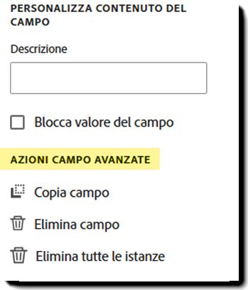 La sezione Azioni campo avanzate delle proprietà del campo.