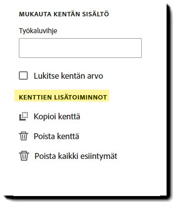 Kentän ominaisuuksien Edistyneet kenttätoiminnot -osio.