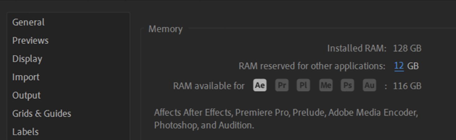 After Effects 中的“首选项”>“内存设置”