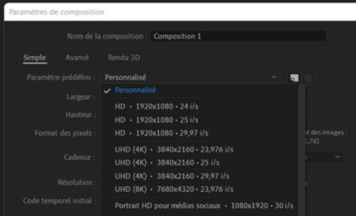 Préréglages de composition After Effects 