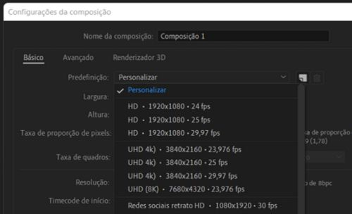 Predefinições de composição do After Effects 