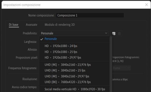 Predefiniti di composizione After Effects 