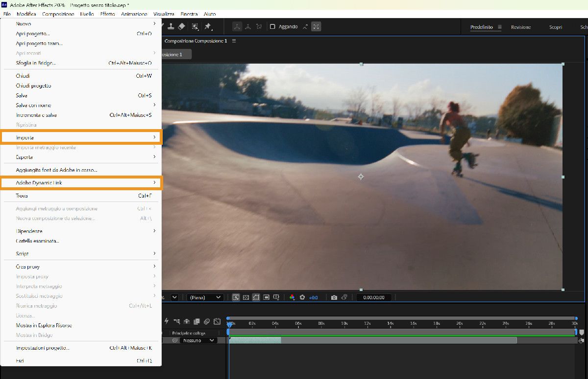 Interfaccia di After Effects con il menu File aperto, che mostra le opzioni Importazione e Adobe Dynamic Link.