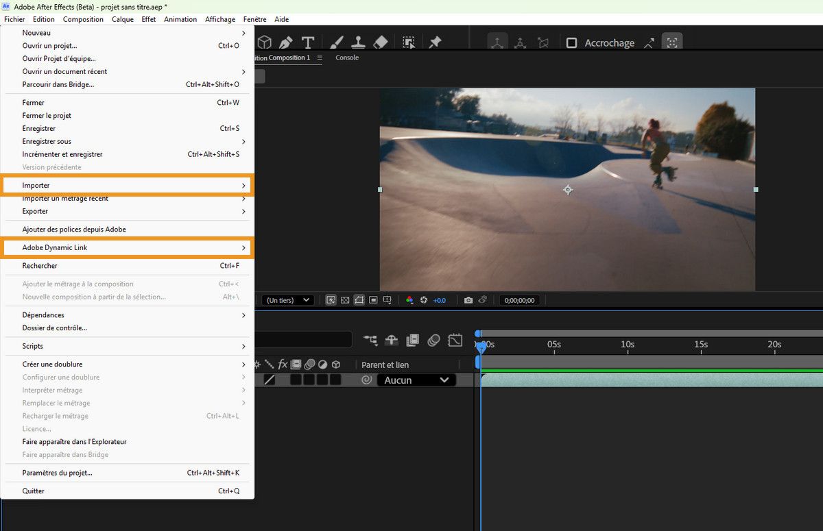 Interface After Effects avec le menu Fichier ouvert, affichant les options import et Adobe Dynamic Link.