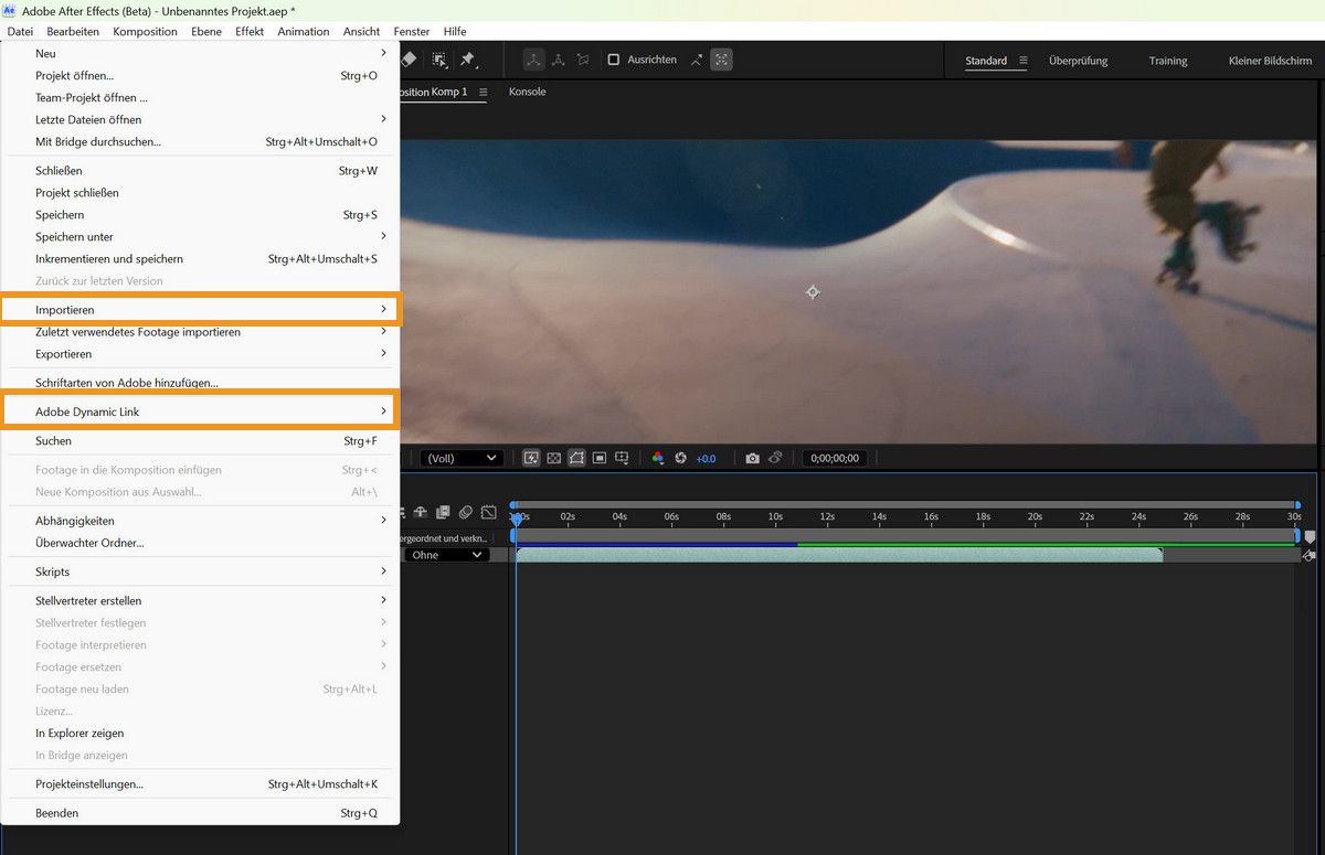 After Effects-Benutzeroberfläche mit geöffnetem Datei-Menü, das Import- und Adobe Dynamic Link-Optionen anzeigt.