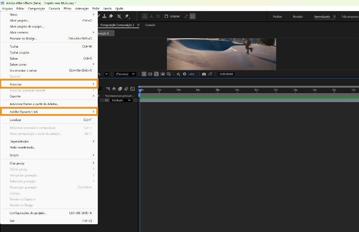 Interface do After Effects com o menu Arquivo aberto, mostrando as opções Importar e Adobe Dynamic Link.