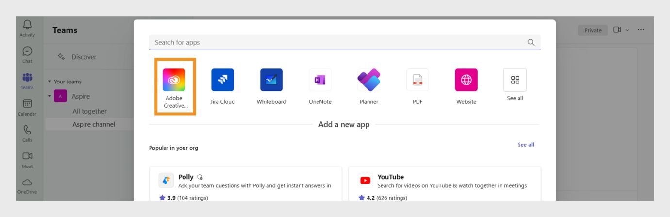 Nadat je het pictogram Tabblad toevoegen hebt geselecteerd, verschijnt er een dialoogvenster. Selecteer het Adobe Creative Cloud-pictogram in de bovenste lijst met apps.