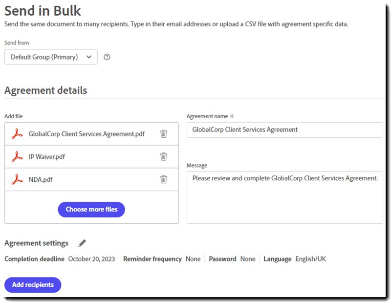 Interfaccia Invia in modalità collettiva che mostra i dettagli dell’accordo configurato